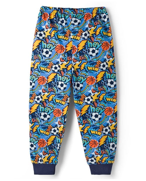 Babyhug Single Jersey Knit Full Length Lounge Pant With Football Print - Blue
