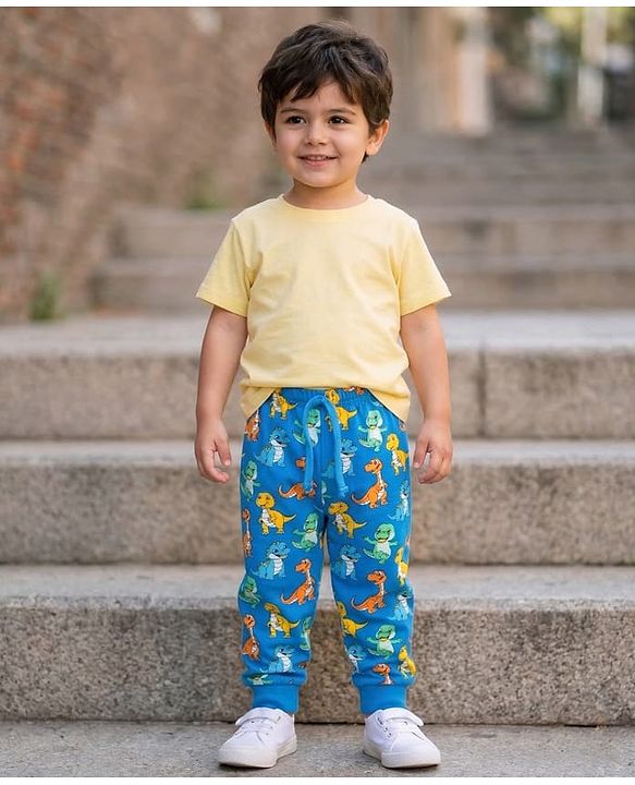 Babyhug Single Jersey Knit Full Length Lounge Pant With Dino Print - Blue