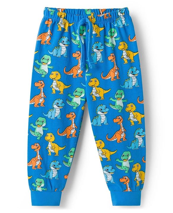 Babyhug Single Jersey Knit Full Length Lounge Pant With Dino Print - Blue
