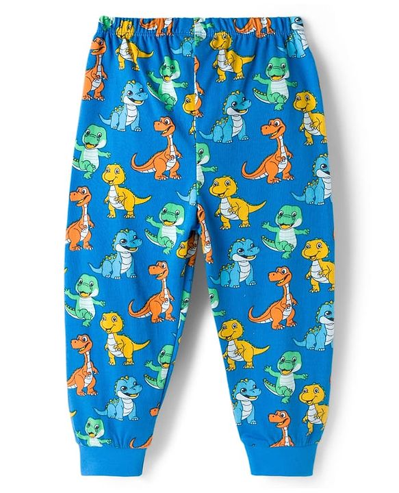 Babyhug Single Jersey Knit Full Length Lounge Pant With Dino Print - Blue