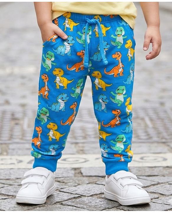 Babyhug Single Jersey Knit Full Length Lounge Pant With Dino Print - Blue