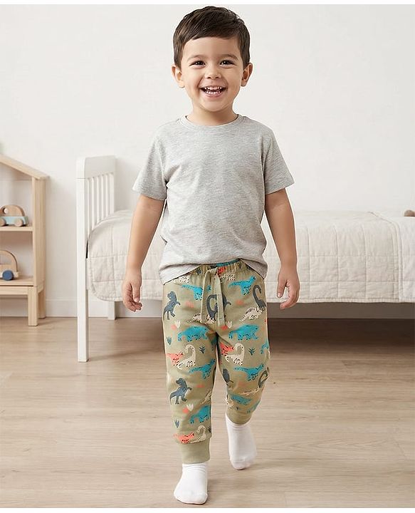 Babyhug Single Jersey Knit Full Length Lounge Pant With Dino Print - Multicolor