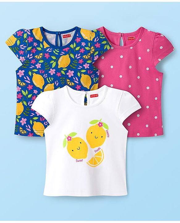 Babyhug Half Cap Sleeves T-Shirts with Tropical Theme & Polka Dot Print Pack of 3 - White Navy Blue & Pink