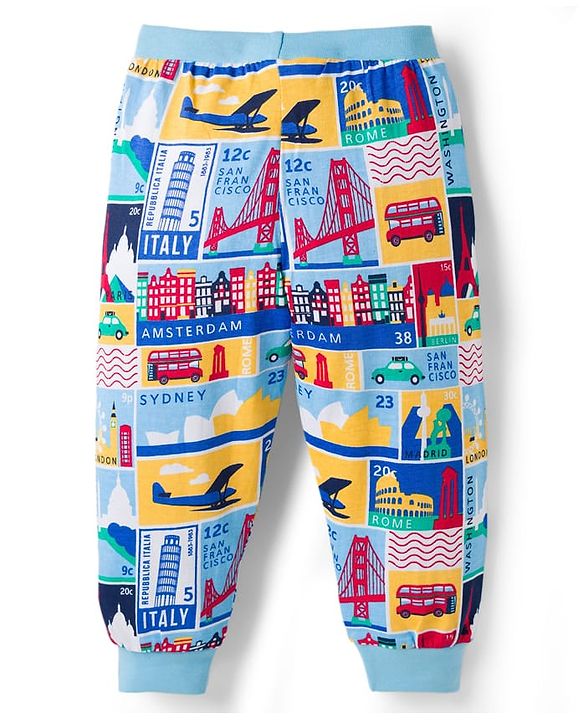 Babyhug Single Jersey Knit Full Length Lounge Pants with City Print Pack of 2 - Red & Light Blue