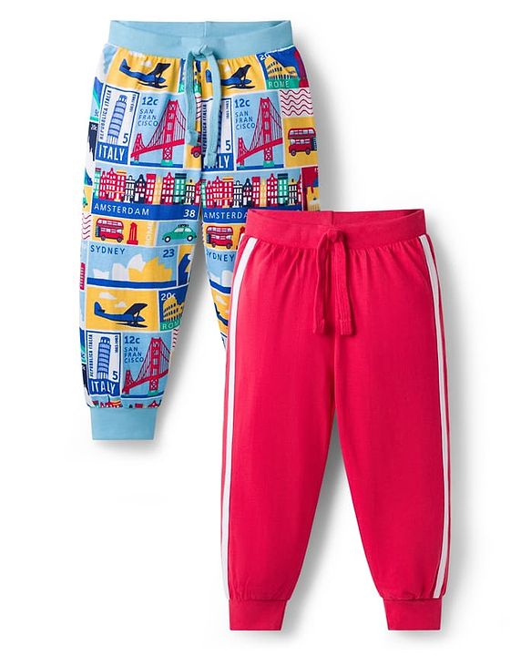 Babyhug Single Jersey Knit Full Length Lounge Pants with City Print Pack of 2 - Red & Light Blue