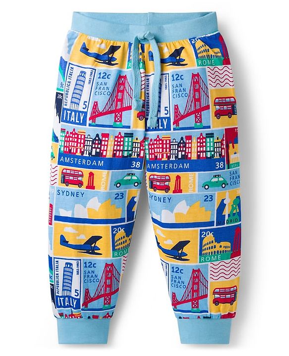 Babyhug Single Jersey Knit Full Length Lounge Pants with City Print Pack of 2 - Red & Light Blue
