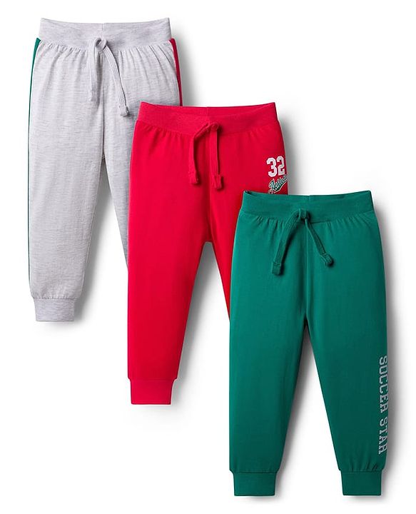 Babyhug Single Jersey Knit Full Length Solid Lounge Pants with Text Print Pack of 3 - Green Red & Grey