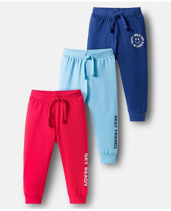 Babyhug Single Jersey Cotton Knit Full Length Text Printed Lounge Pants Pack Of 3 - Multicolour