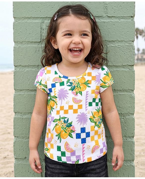 Babyhug Cotton Knit Half Cap Sleeves T-Shirt with Tropical Theme Print - Multicolor