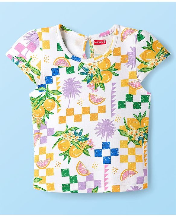 Babyhug Cotton Knit Half Cap Sleeves T-Shirt with Tropical Theme Print - Multicolor