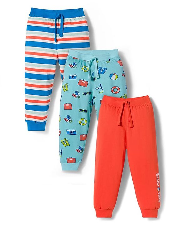 Babyhug Single Jersey Knit Full Length Lounge Pant with Stripes & Prints Pack of 3 - Multicolor