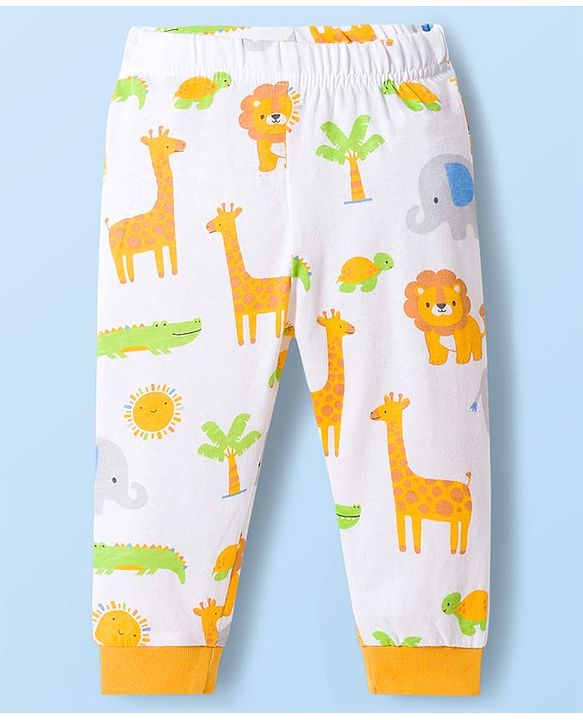 Babyhug Cotton Knit Full Sleeves Jungle Theme Animal Printed T-Shirt & Pyjama Co- Ord Night Suit - White