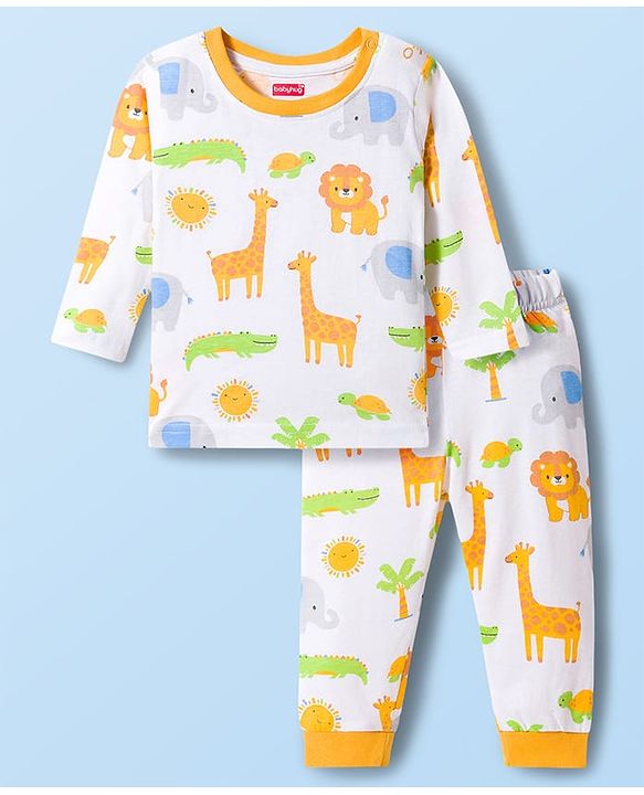 Babyhug Cotton Knit Full Sleeves Jungle Theme Animal Printed T-Shirt & Pyjama Co- Ord Night Suit - White