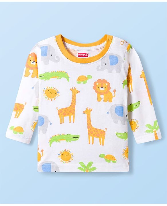 Babyhug Cotton Knit Full Sleeves Jungle Theme Animal Printed T-Shirt & Pyjama Co- Ord Night Suit - White