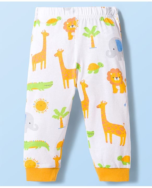 Babyhug Cotton Knit Full Sleeves Jungle Theme Animal Printed T-Shirt & Pyjama Co- Ord Night Suit - White