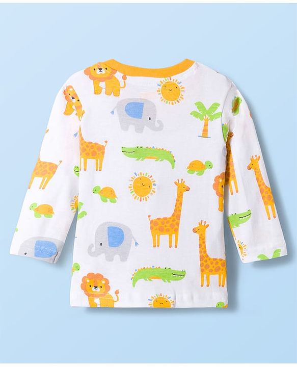 Babyhug Cotton Knit Full Sleeves Jungle Theme Animal Printed T-Shirt & Pyjama Co- Ord Night Suit - White