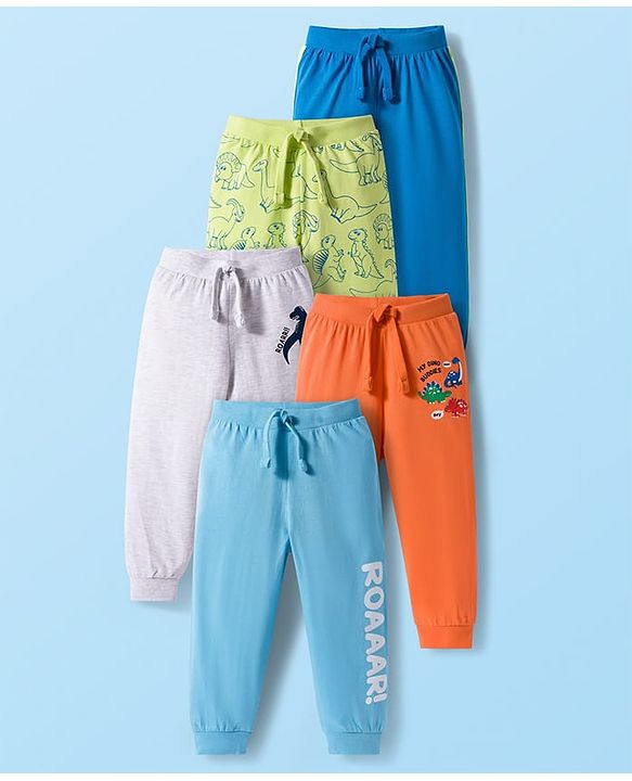 Babyhug Single Jersey Knit Full Length Lounge Pants With Dino Print Pack of 5 - Multicolor