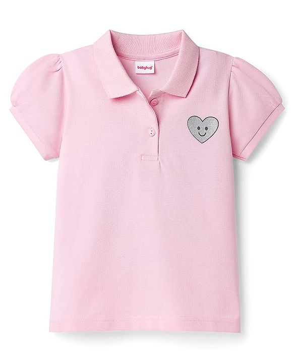 Babyhug Cotton Knit Half Puffed Sleeves Polo T-Shirt with Heart Print - Pink