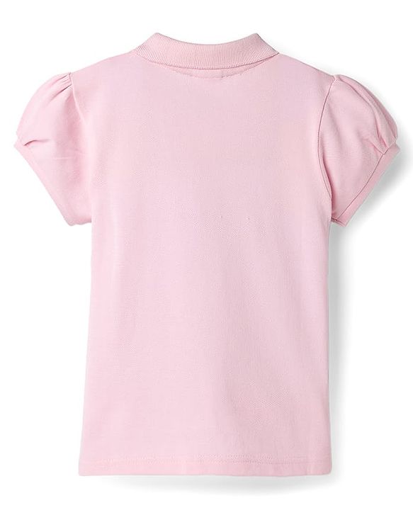 Babyhug Cotton Knit Half Puffed Sleeves Polo T-Shirt with Heart Print - Pink