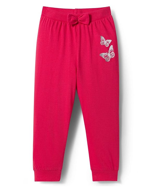 Babyhug Single Jersey Knit Full Length Lounge Pant with Butterfly Print - Red