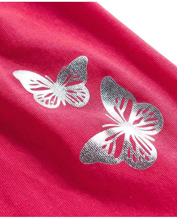 Babyhug Single Jersey Knit Full Length Lounge Pant with Butterfly Print - Red