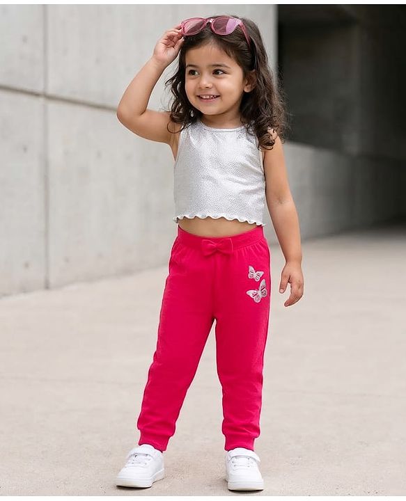 Babyhug Single Jersey Knit Full Length Lounge Pant with Butterfly Print - Red