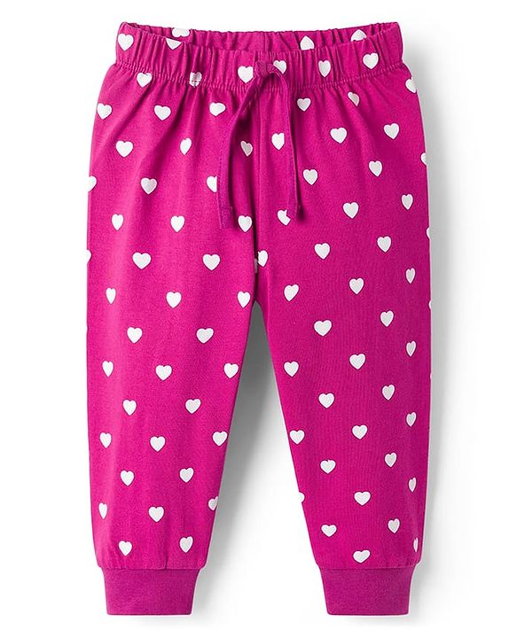 Babyhug Single Jersey Knit Full Length Lounge Pant With Heart Print - Dark Pink