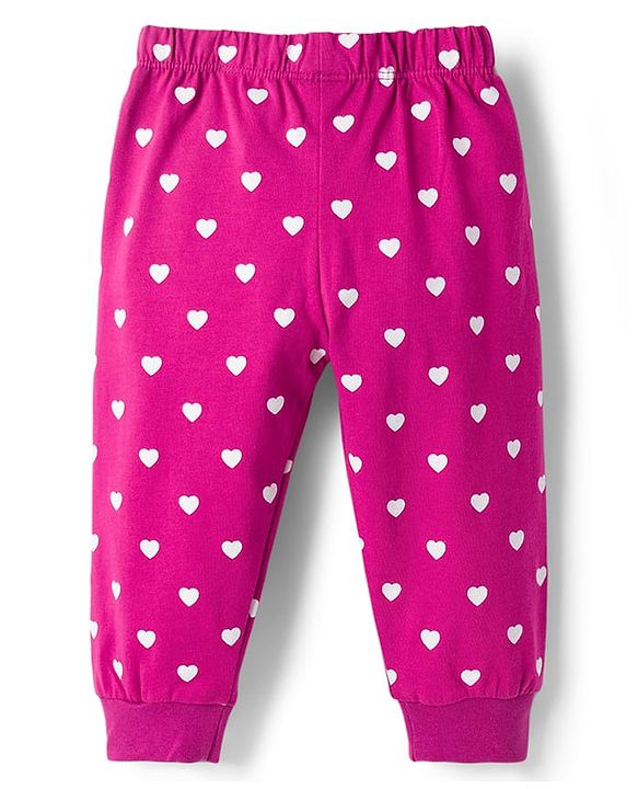 Babyhug Single Jersey Knit Full Length Lounge Pant With Heart Print - Dark Pink