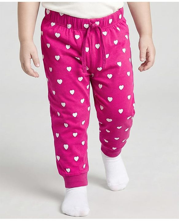 Babyhug Single Jersey Knit Full Length Lounge Pant With Heart Print - Dark Pink