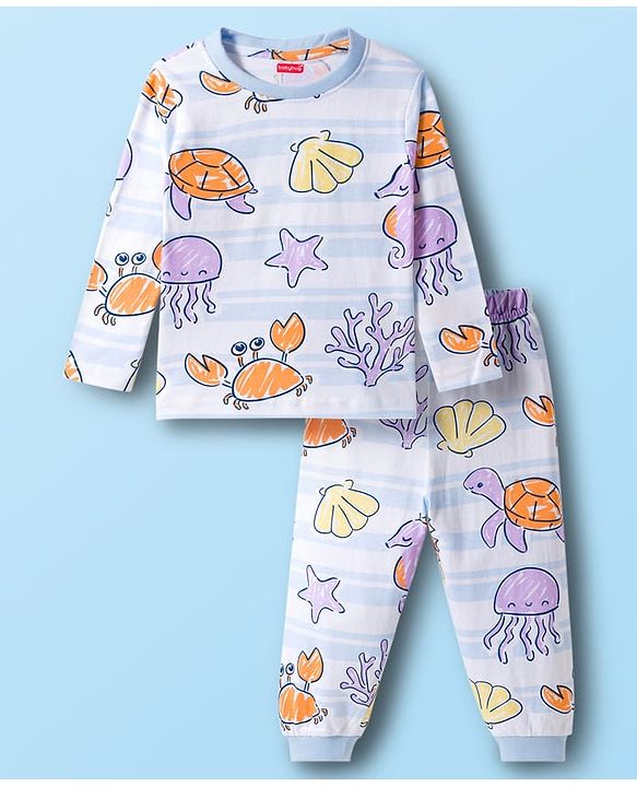 Babyhug Cotton Knit Full Sleeves Sea Life Printed Co-Ord T-Shirt & Pyjama Night Suit - White