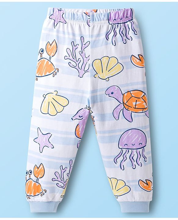 Babyhug Cotton Knit Full Sleeves Sea Life Printed Co-Ord T-Shirt & Pyjama Night Suit - White