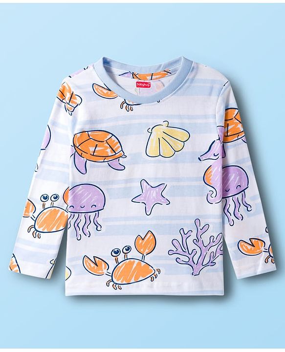 Babyhug Cotton Knit Full Sleeves Sea Life Printed Co-Ord T-Shirt & Pyjama Night Suit - White