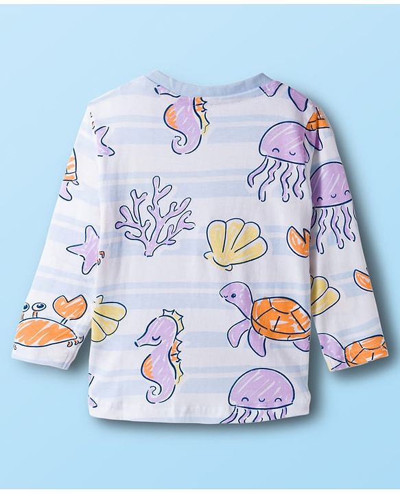 Babyhug Cotton Knit Full Sleeves Sea Life Printed Co-Ord T-Shirt & Pyjama Night Suit - White