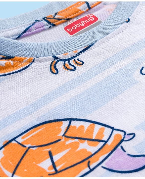 Babyhug Cotton Knit Full Sleeves Sea Life Printed Co-Ord T-Shirt & Pyjama Night Suit - White