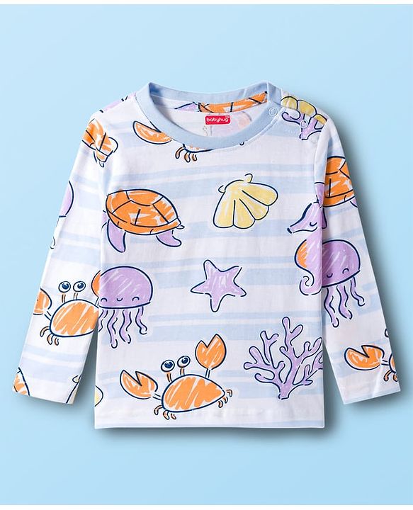 Babyhug Cotton Knit Full Sleeves Sea Life Printed Co-Ord T-Shirt & Pyjama Night Suit - White