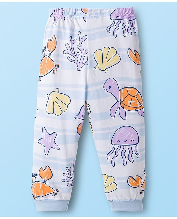 Babyhug Cotton Knit Full Sleeves Sea Life Printed Co-Ord T-Shirt & Pyjama Night Suit - White