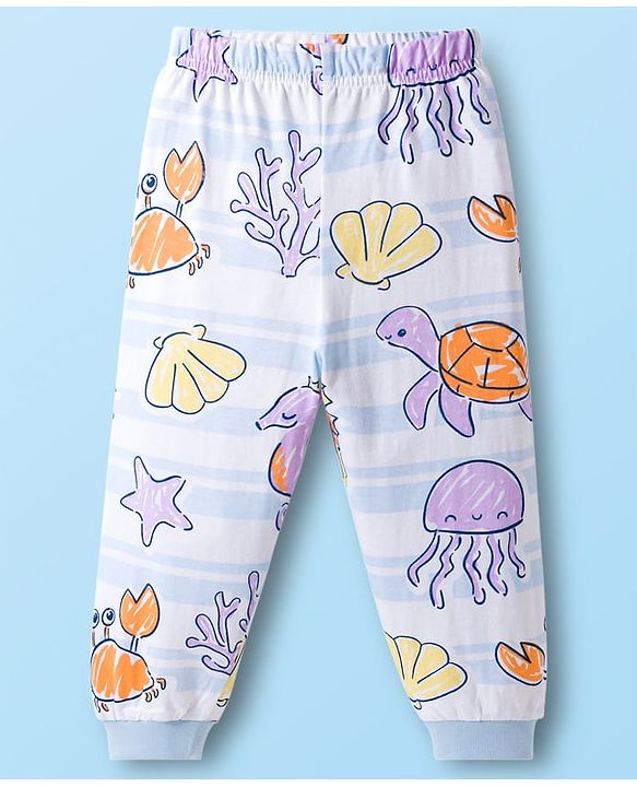Babyhug Cotton Knit Full Sleeves Sea Life Printed Co-Ord T-Shirt & Pyjama Night Suit - White
