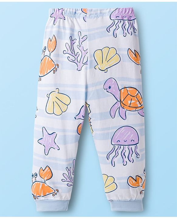 Babyhug Cotton Knit Full Sleeves Sea Life Printed Co-Ord T-Shirt & Pyjama Night Suit - White