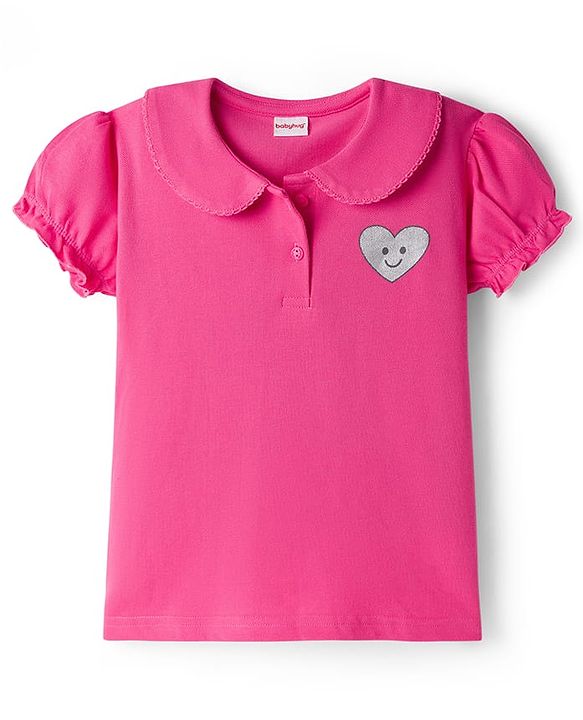 Babyhug Cotton Knit Half Puffed Sleeves Polo T-Shirt with Heart Print - Pink