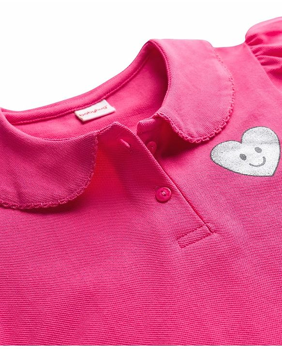 Babyhug Cotton Knit Half Puffed Sleeves Polo T-Shirt with Heart Print - Pink
