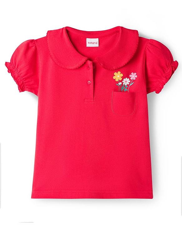 Babyhug Cotton Knit Half Puffed Sleeves Polo T-Shirt with Floral Print - Red