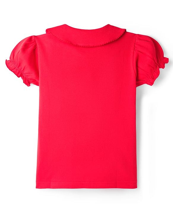 Babyhug Cotton Knit Half Puffed Sleeves Polo T-Shirt with Floral Print - Red