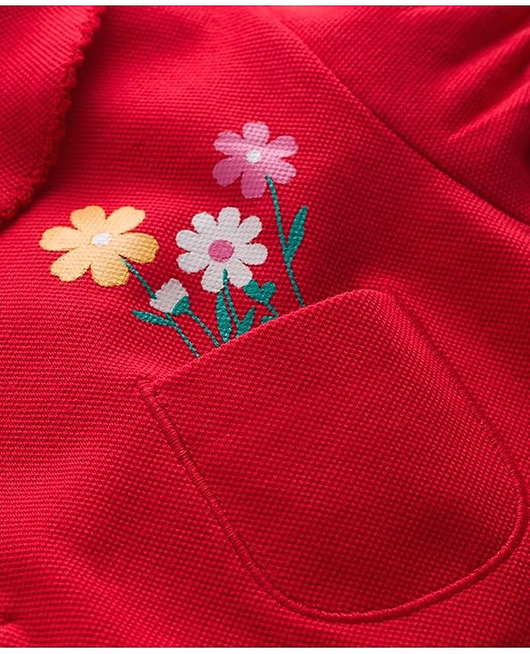 Babyhug Cotton Knit Half Puffed Sleeves Polo T-Shirt with Floral Print - Red