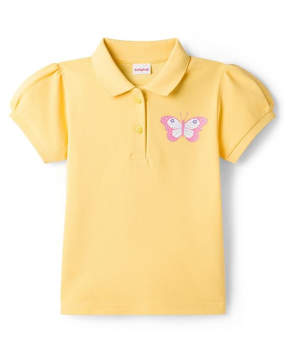 Babyhug Cotton Knit Half Puffed Sleeves Polo T-Shirt with Butterfly Print - Yellow