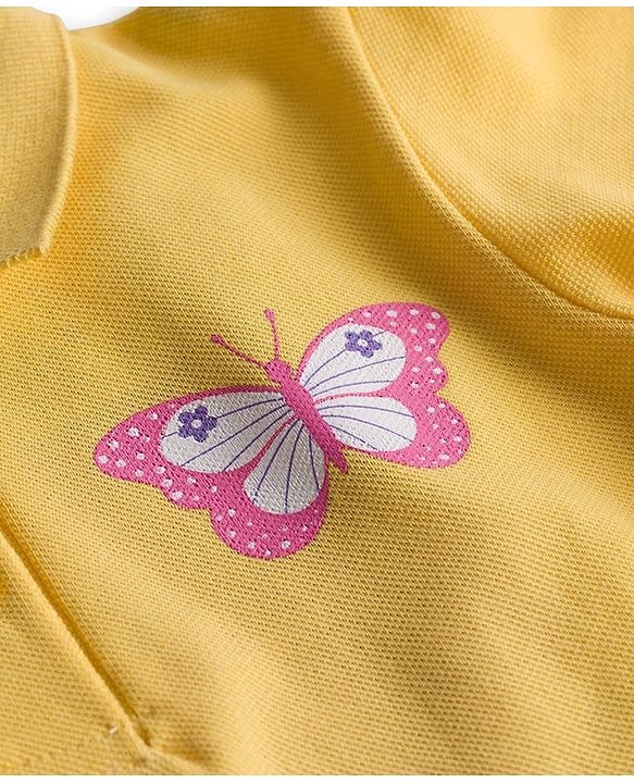 Babyhug Cotton Knit Half Puffed Sleeves Polo T-Shirt with Butterfly Print - Yellow