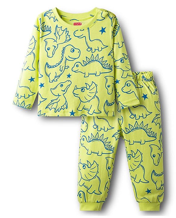 Babyhug Cotton Knit Full Sleeves Co-ords T-Shirts & Pajama Night Suit with Dino Print - Yellow