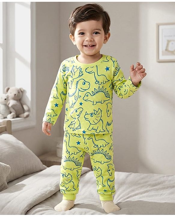 Babyhug Cotton Knit Full Sleeves Co-ords T-Shirts & Pajama Night Suit with Dino Print - Yellow