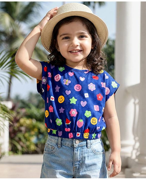 Babyhug Cotton Knit Half Sleeves Cropped T-Shirt With Fruit & Floral Print - Navy Blue