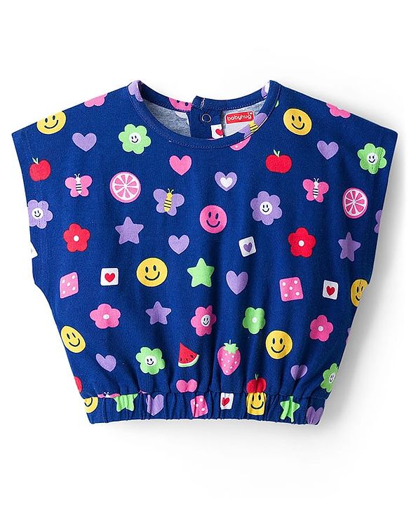 Babyhug Cotton Knit Half Sleeves Cropped T-Shirt With Fruit & Floral Print - Navy Blue
