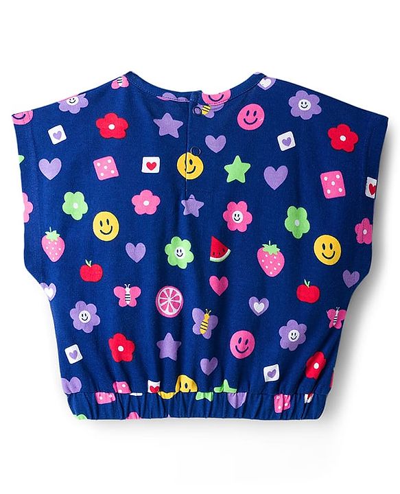 Babyhug Cotton Knit Half Sleeves Cropped T-Shirt With Fruit & Floral Print - Navy Blue